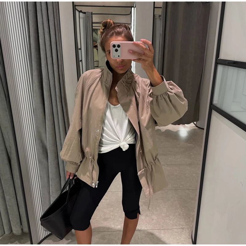 Lapel Women's Outerwear Waist Cinching Belted Jacket Drop Shoulder Cropped Cargo Trench Coat Meilaid Style Daily Fashion Wear