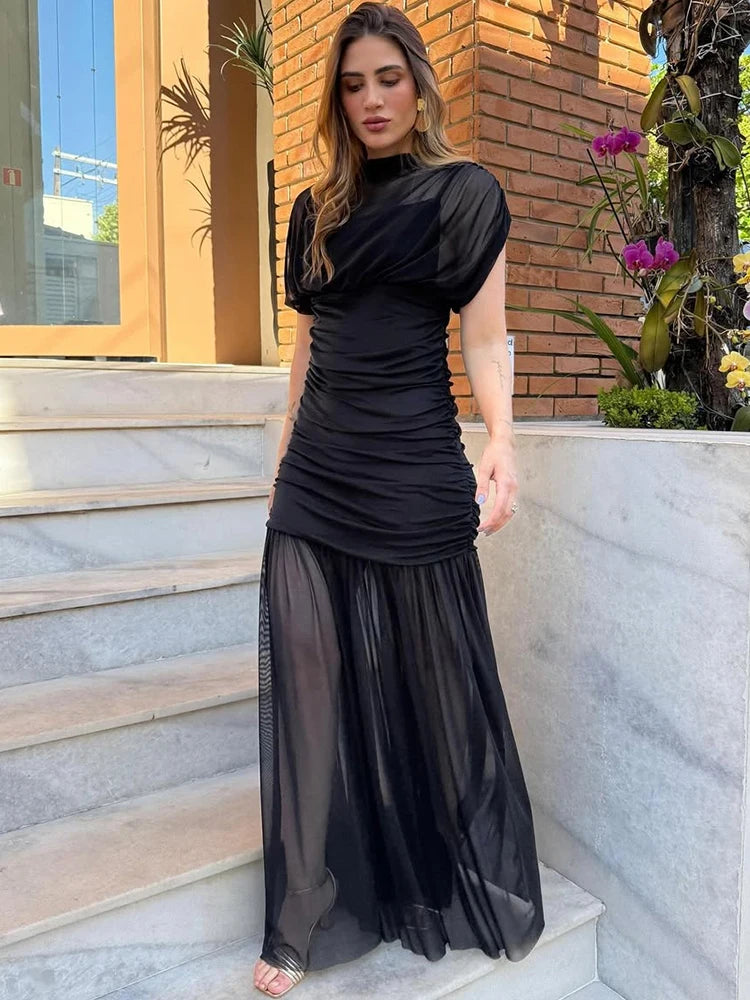 Tossy Black Mesh Fashion Maxi Dress For Women Sleeveless See-Through Patchwork Pleated Party Dress Female Autumn Long Dress 2025