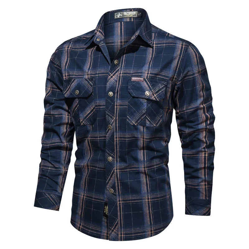 Men Plaid Casual Shirts Male Military Outdoor Loose Multi-pockets Tooling Shirts High Quality Man Large Long-sleeved Shirts 5XL