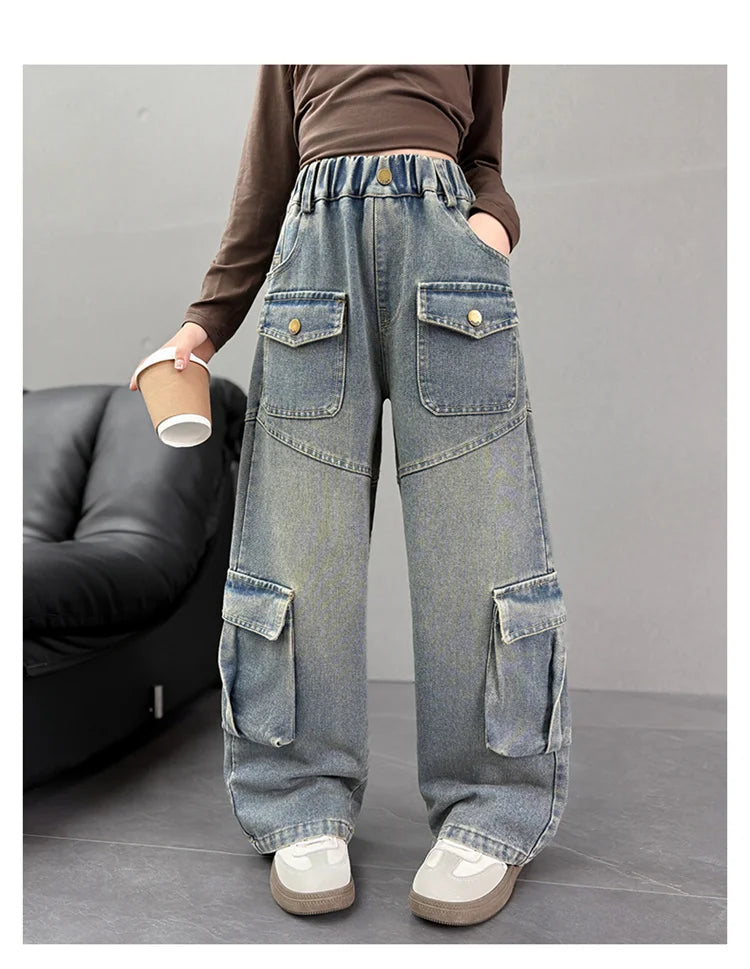 Elegant Fashion Kids Children Cargo Jeans Pants with Multi Pocket for Teenage Girls Loose Straight Casual Denim Trousers 5-14 Y