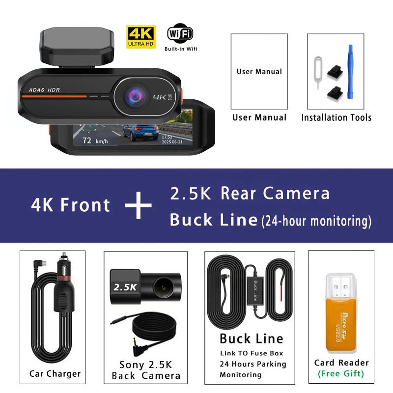 UHD 4K 3840*2160P Dash Cam ADAS WiFi GPS Front 4K Rear 2.5K DVR Video Recorder 24H Night Vision Dash Cam Car Camera Black Box