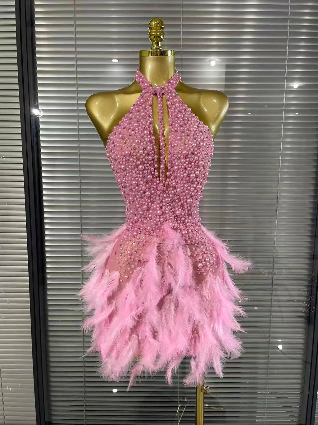 Shining Beading Women Sexy Halter Backless Feathers Bodycon Mini Dress Nightclub Party Celebrate Birthday Photoshoot Outfit