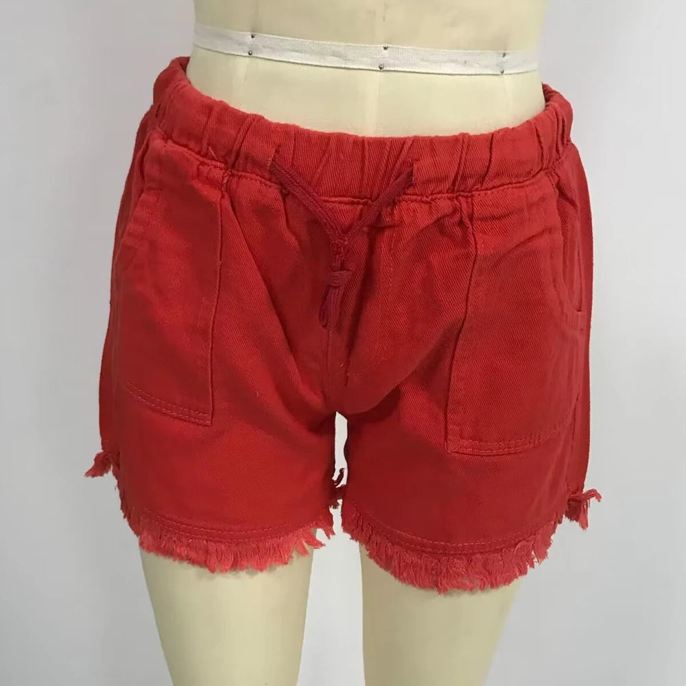 Women’s Denim Shorts Drawstring Elastic Waist Frayed Hem Short Pants Summer Casual Vintage Hottie Girls Loose Jeans with Pockets