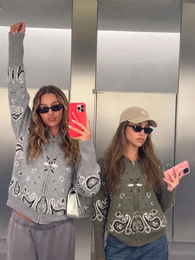 Elegant Knitted Print Women's Cardigan Loose Full Sleeve Stand Collar Zipper Sweaters Female 2026 Autumn Outwear Pockets Lady
