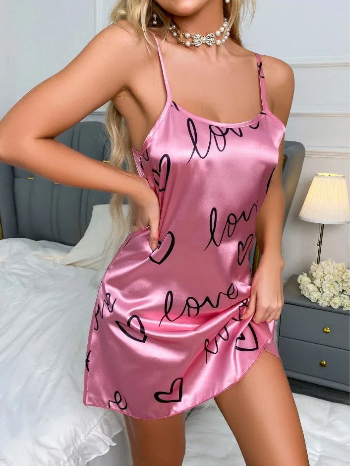 Sleepwear Women's Sexy Lingerie Heart Print Nightdress Scoop Neck Criss Cross Back Sleepdress Nightgowns Pajamas Nighties