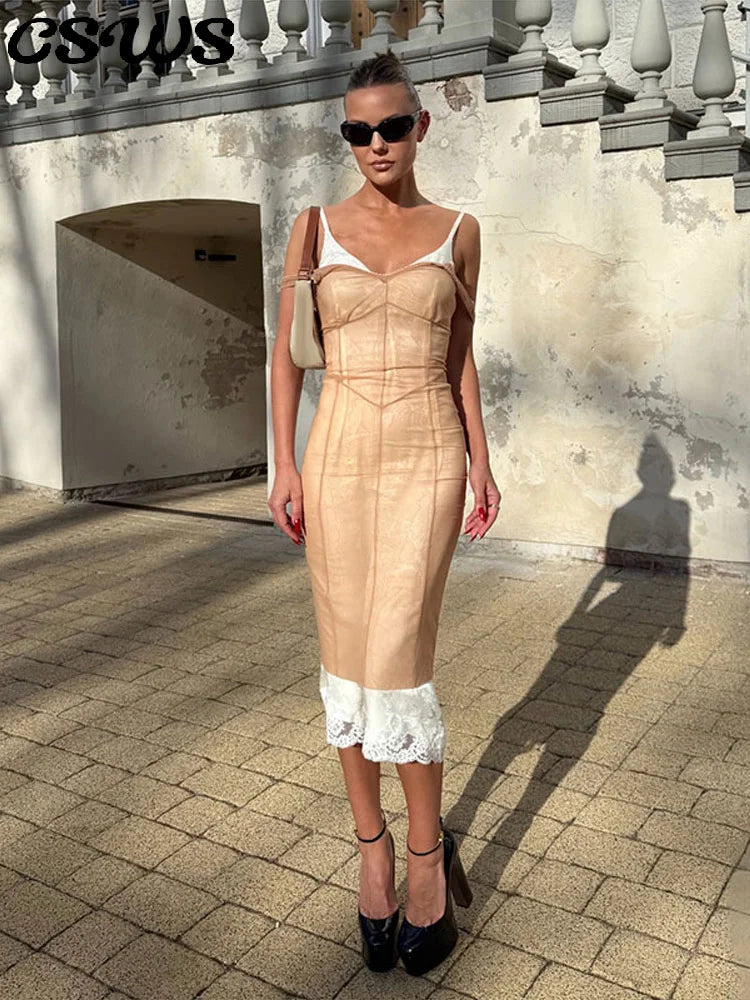 Sheer Mesh Overlay Spaghetti Strap Midi Dress Waist Cinched Sleeveless 2026 Summer Women Accessories Trendy Classy Lady Outfit