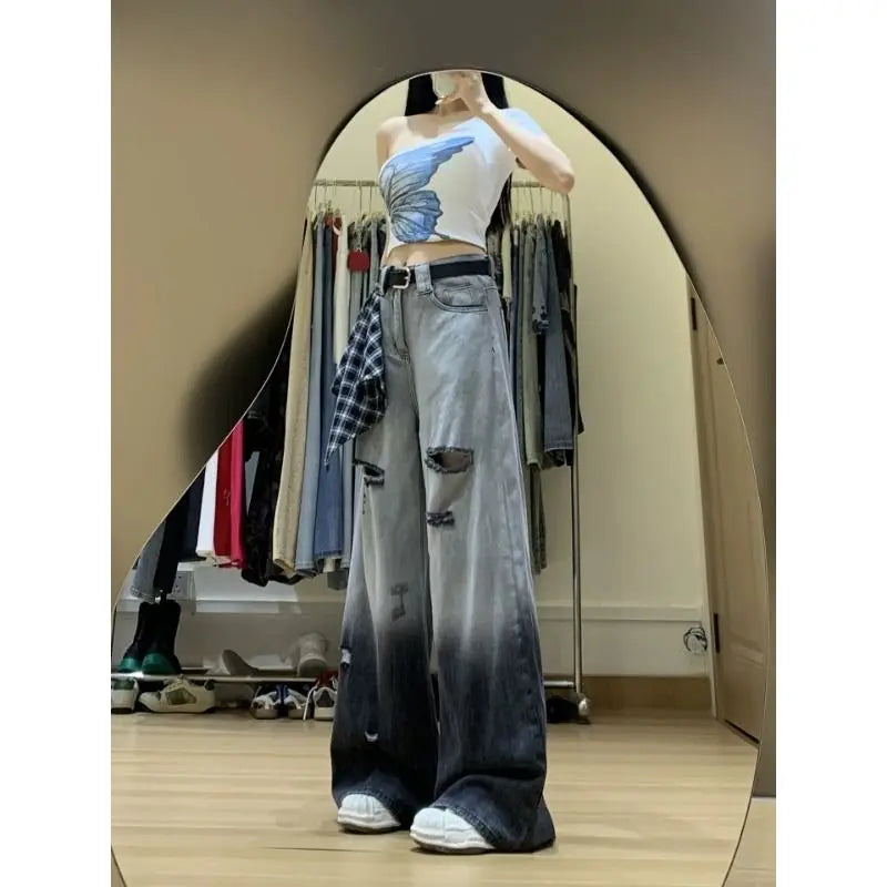 Graduated Design Ripped Denim Jeans Women's Summer Thin Drapey Slim Wide Leg Pants Loose Floor-Length Trendy Casual Style