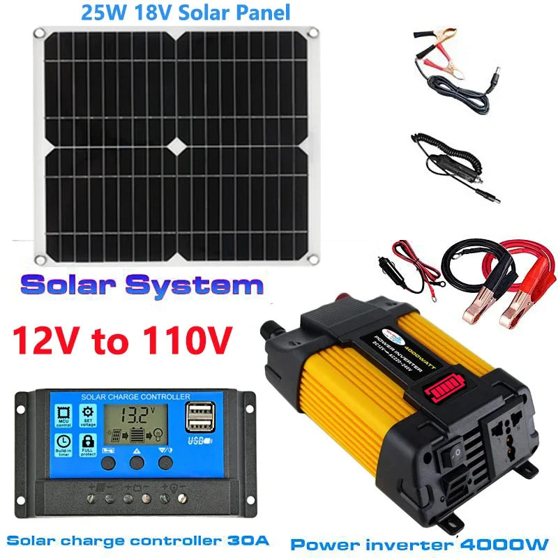 12V to 110V/220V Solar Power System 25W Solar Panel 30A Charge Controller 4000W Modified Sine Wave Inverter Power Generation Kit