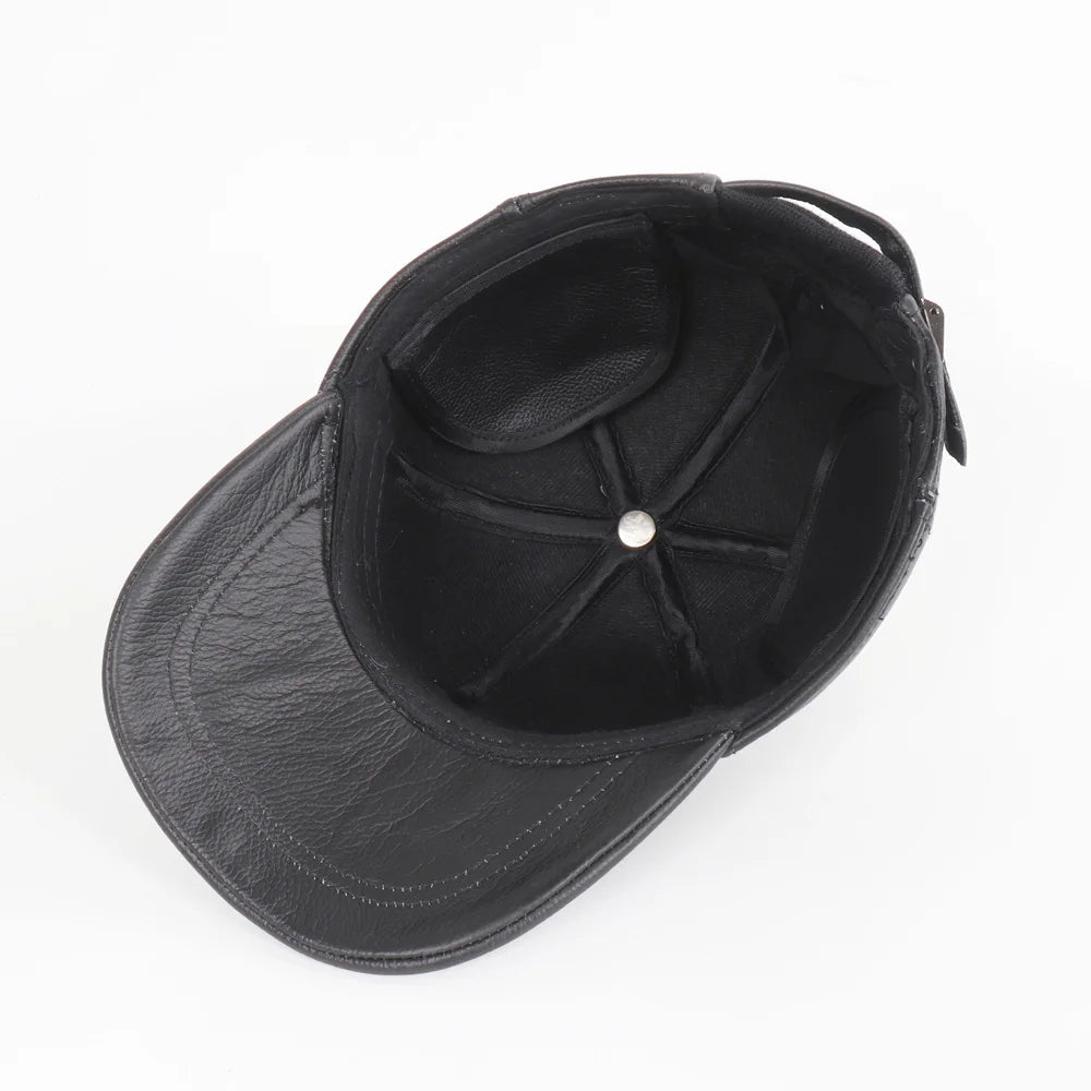 New Men Casual Real Leather Earflap Cap Men Real Cowhide Leather Caps Male Fall Winter Genuine Real Cow Leather Baseball Hats