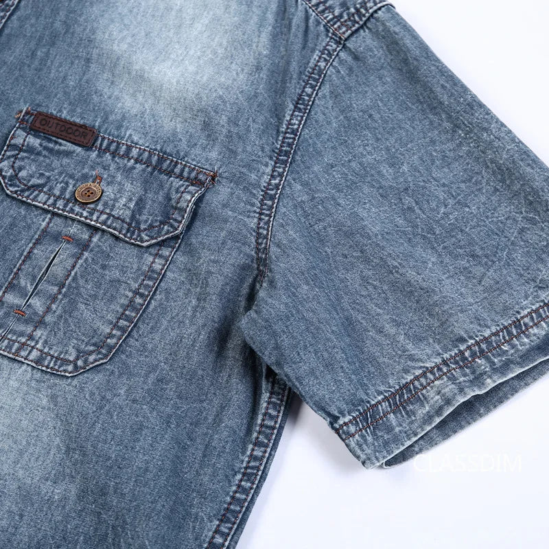 Men Short Sleeve Denim Shirts Multi pockets Tooling Shirts New Summer Blue Jeans Shirts High Quality Men Cotton Casual Shirts 3