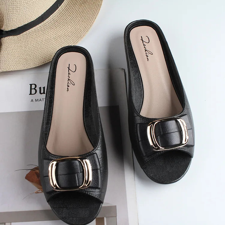 Summer Women Square Buckle Open-Toe Slippers Single Strap Flat Sandals Lady Solid Color Outdoor Beach Shoes Adult Casual Sandals