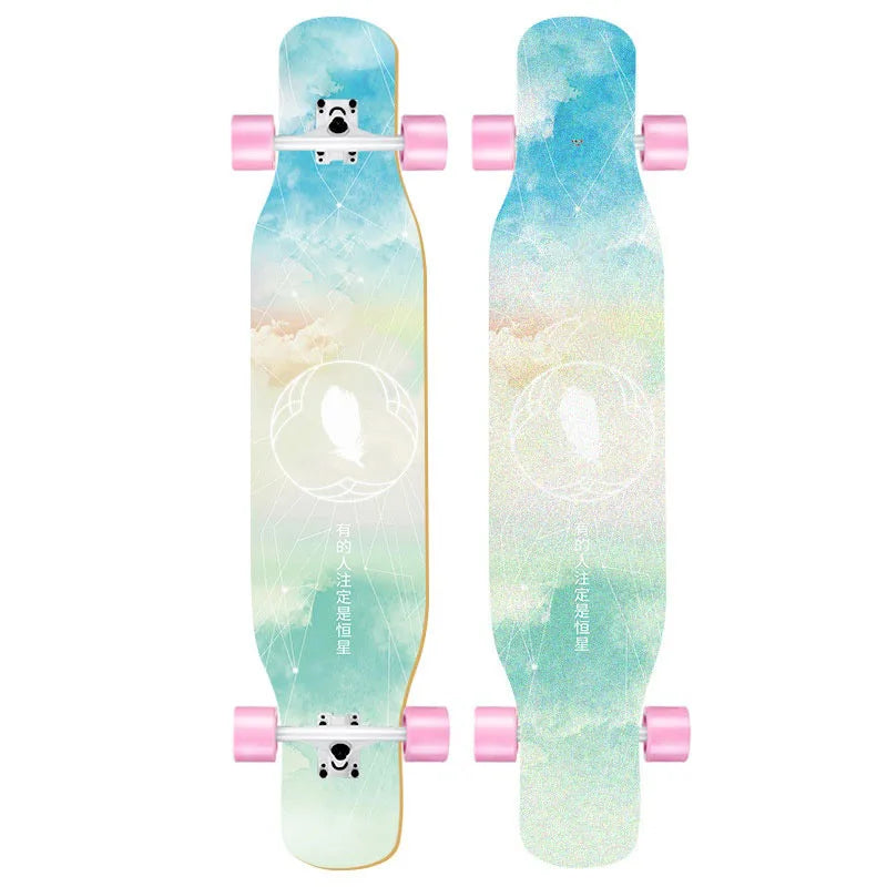 44 Inch Double Kick Dance Longboard 7-Layer Maple Wood Double Sided Graphic Complete Skate Deck All Ages Amateur Professional Ri