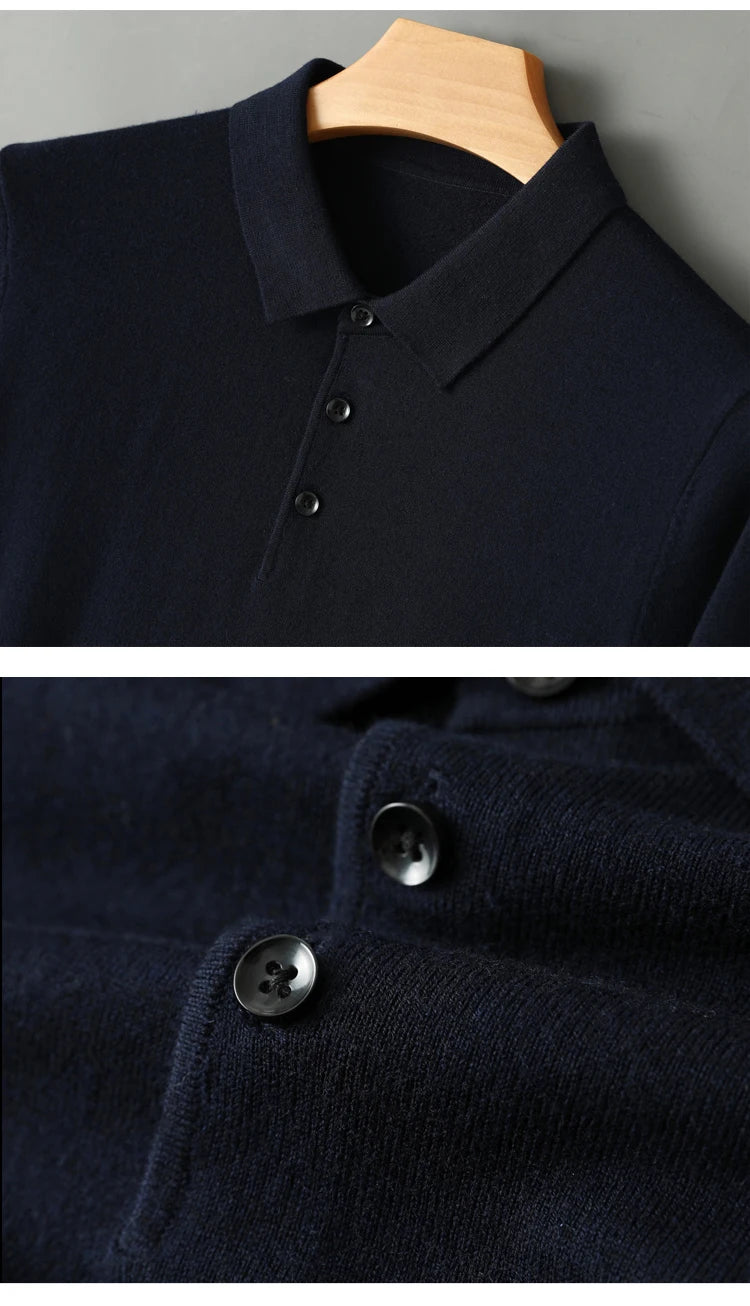 Men's Worsted Wool Kknit Pullover, Business Casual Polo Neck Sweater, Monochromatic Loose Top, Autumn and Winter Fashion, New