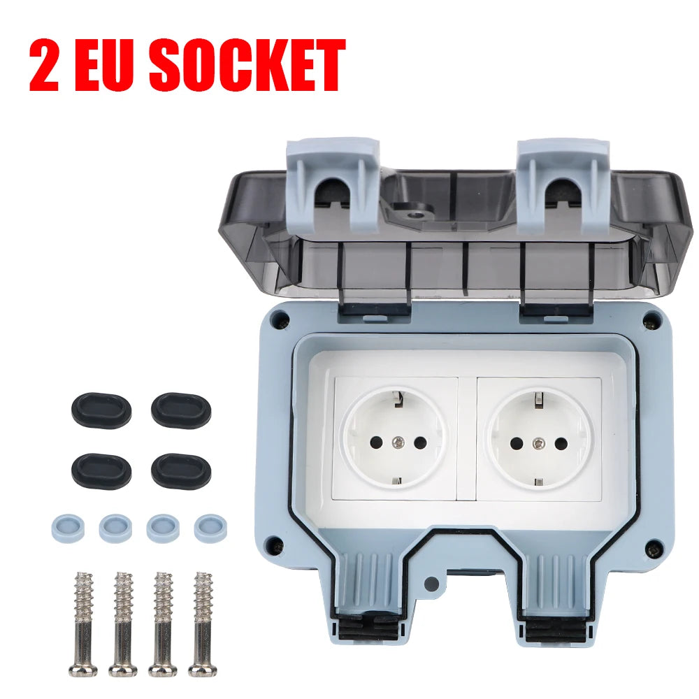 Double EU Socket Power Supply Switch Socket 16A Outdoor Wall Power Socket With USB Charging for Home& Garden IP66 Weatherproof