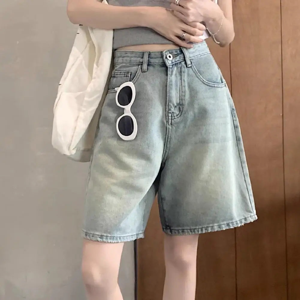 Retro Style Women Denim Shorts High Waist Vintage Washed Straight Wide Leg Button Zipper Knee Length Jeans Shorts Summer