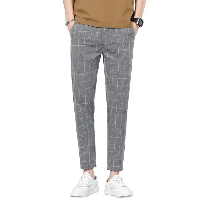2025 Spring/Summer Men's Elastic Slimming Straight Leg Casual Pants Fashion Breathable Grid Design Sports Pants