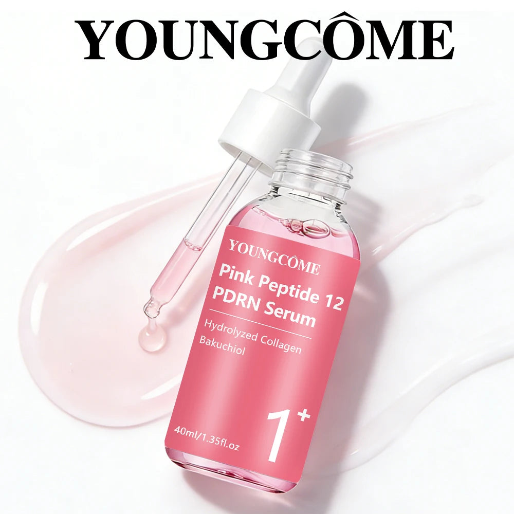 Serum YOUNGCOME Pink Peptide 12PDRN Serum with Hydrolyzed Collagen & Bakuchiol, Lightweight Daily Facial Care for All Skin Types