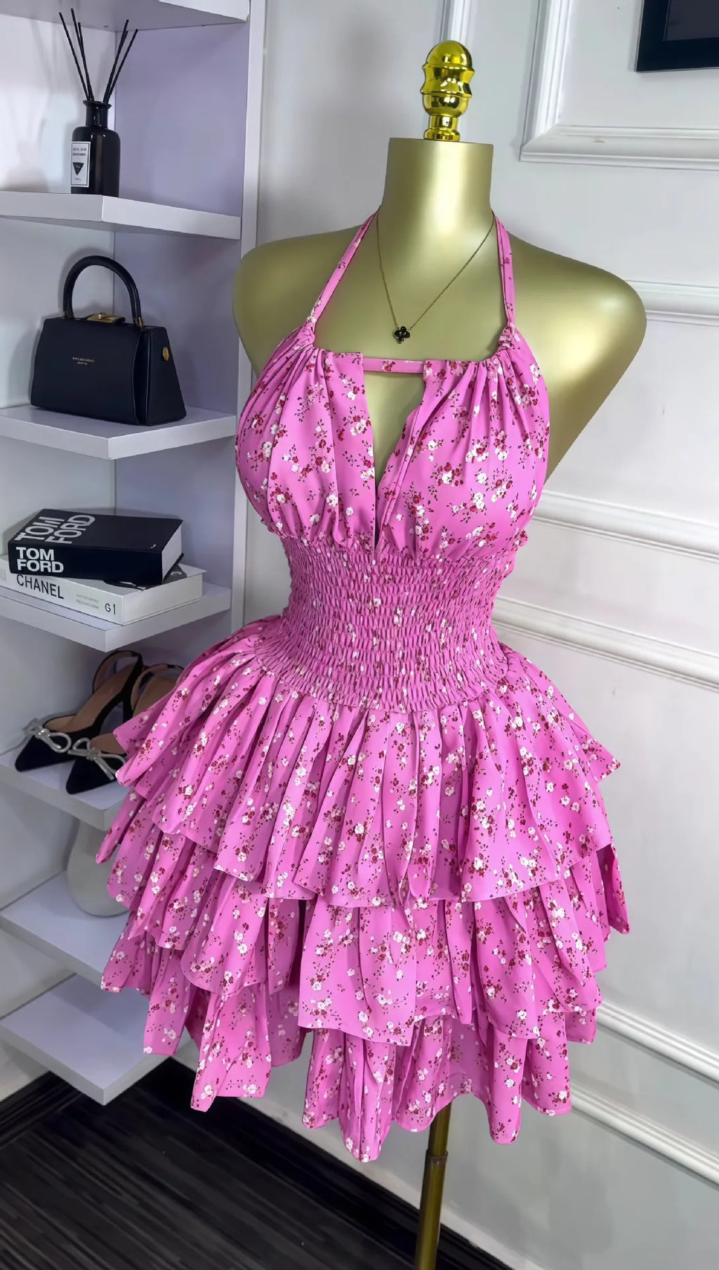 CM.YAYA Women Floral Printed Halter Ruffles Midi A-line Tiered Mini Dress Fall Vacation Elegant Evening Birthday Party Dresses