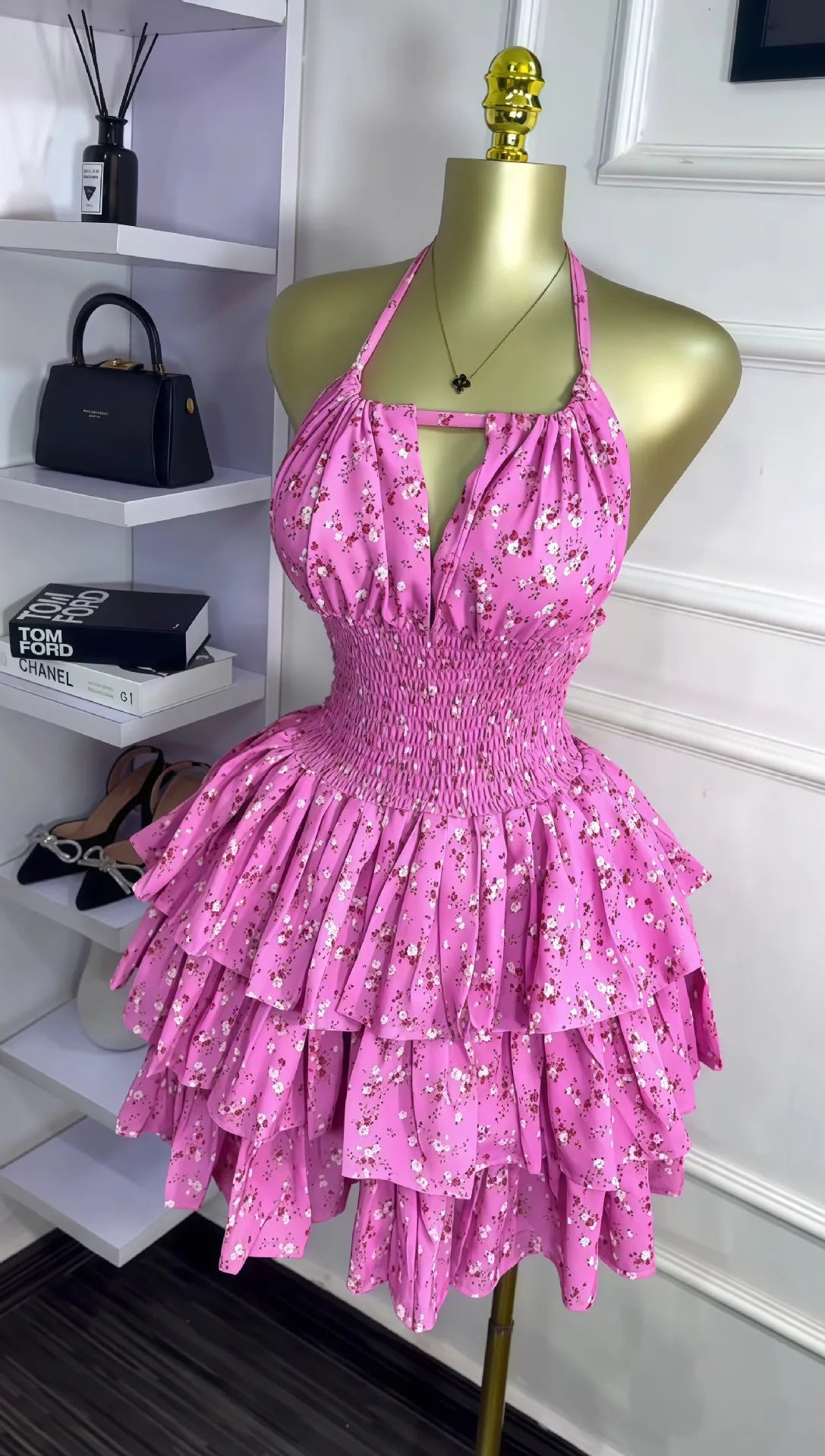 CM.YAYA Women Floral Printed Halter Ruffles Midi A-line Tiered Mini Dress Fall Vacation Elegant Evening Birthday Party Dresses