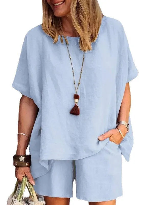 Ladies Shorts Suit Fashionable Summer Women's Elegant Solid Color Pullover Loose Cotton Linen Short Sleeved Shorts Two-piece Set