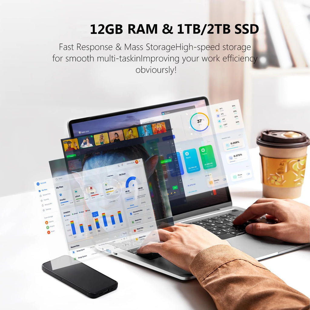 Xiaman Ultra Slim Windows 11 Laptop Computer 14.1" 12GB RAM 1TB SSD Intel Atom A3950 Notebook 1920*1080 Office Study Computer PC