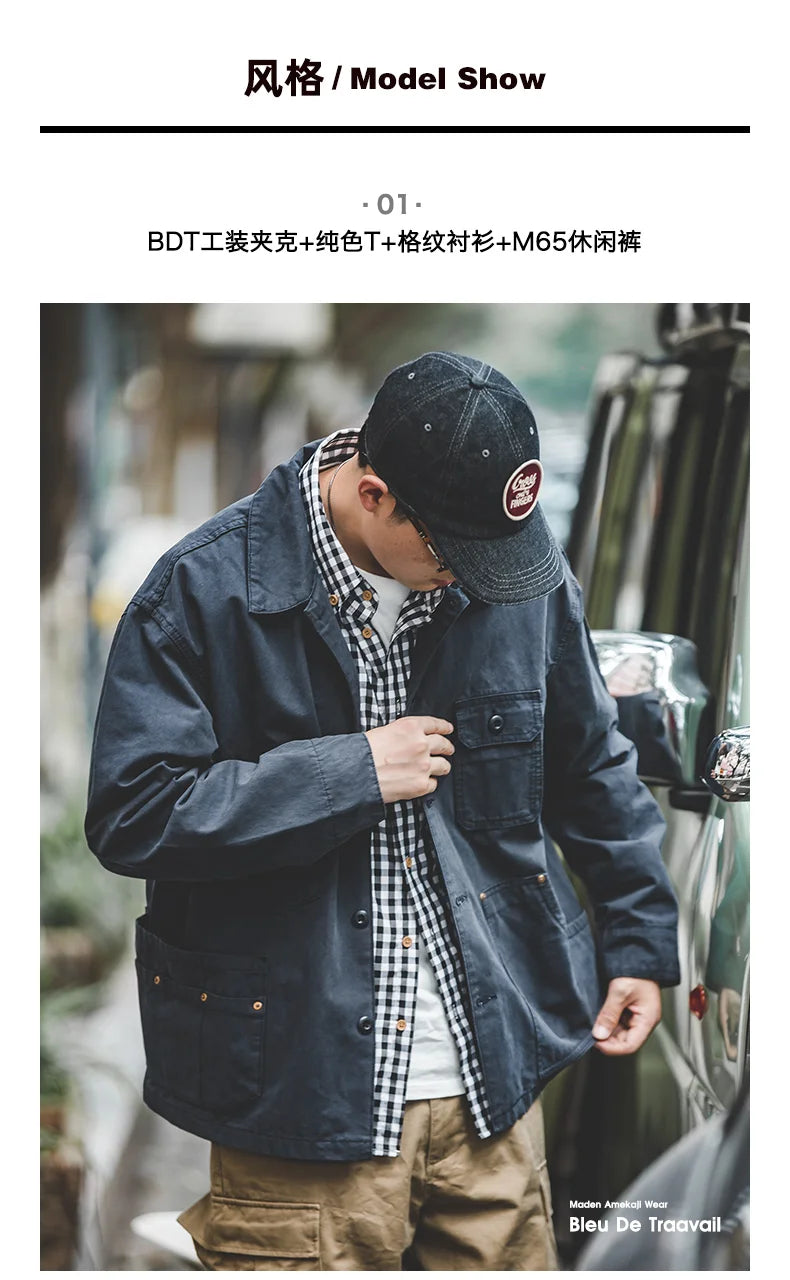 Maden Autumn Navy Blue Hunting Jacket for Men Turn-down Collar Asymmetrical Multipocket Cotton Casual Outerwear Coat Loose-fit