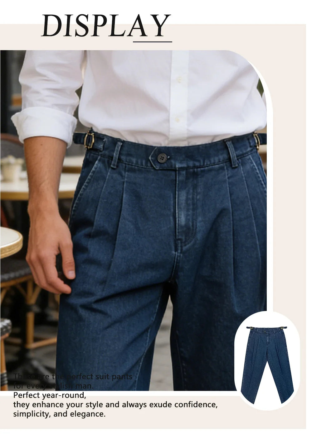 026 Spring Summer Men's Denim Look Woven Trousers, Neapolitan Double Pleat  High Waist Straight Leg Business Dress Pants