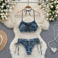 Retro Women Bikini Denim Suits Summer Halter Camis+ Mini Pant Lingerie Fashion Vacation Swimsuits Sexy Bra&Briefs Sets