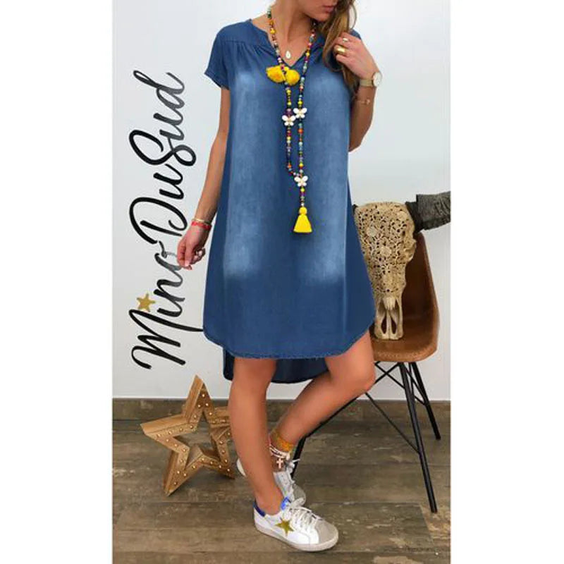 Summer New European and American V-neck Pullover Short-sleeved Denim Dress 2025 Cross-border