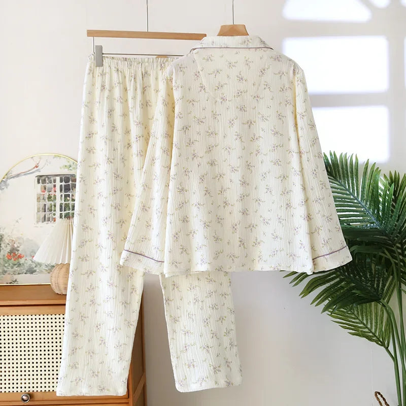 2026 Spring and Autumn Women's New Pajama Cotton Long sleeved Pants Set with Collar Flower Crape Fabric Home Clothing Set Ladies