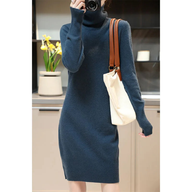Elegant Cashmere Sweater Womens Dresses 100% Merino Wool Autumn Winter Turtleneck Knitted Dress Female Casual Long-Sleeve Skirts