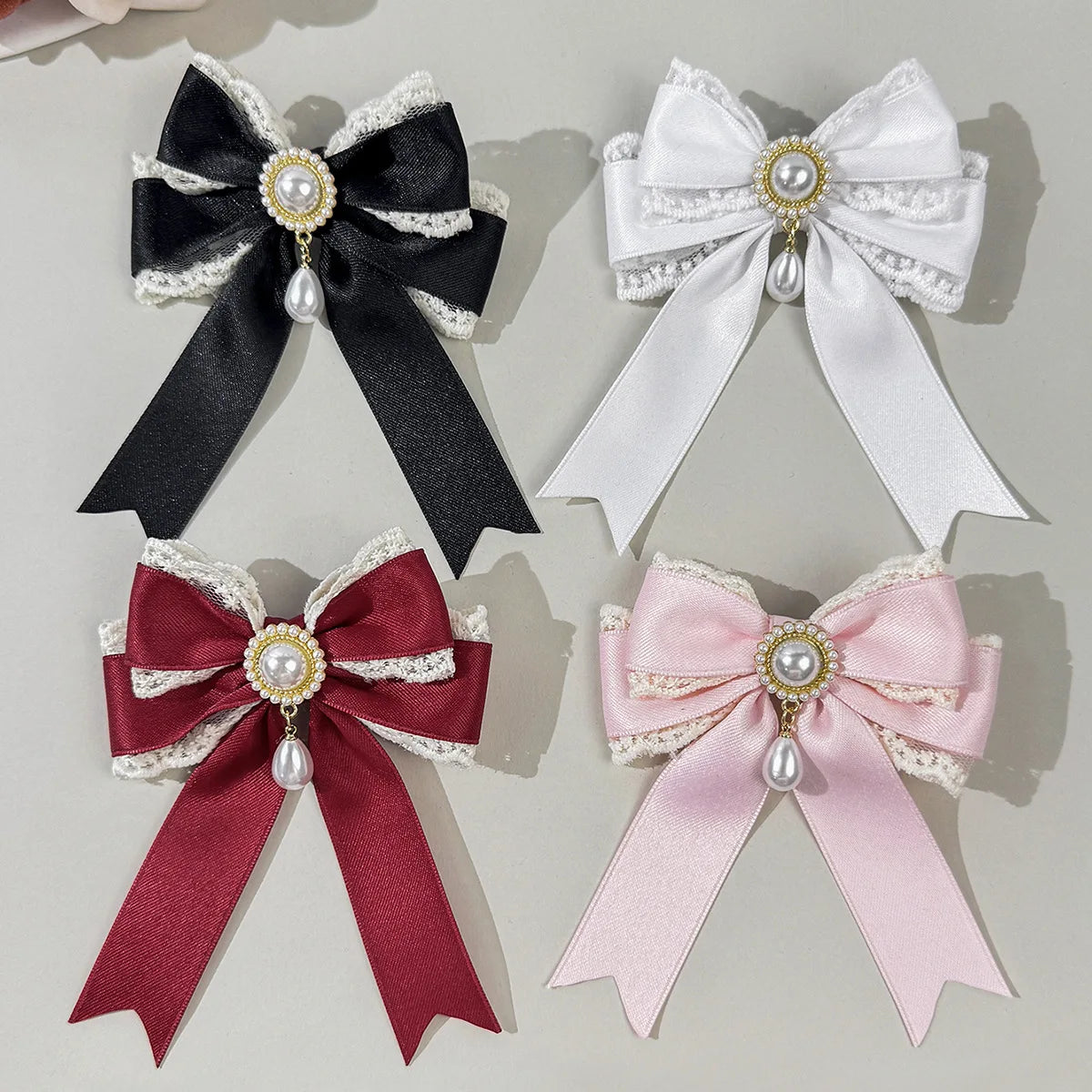 4pcs Pearl Lace Bow Hair Clip, Multi-color Satin Lolita Headpiece, Retro Sweet and Beautiful Style Hair Accessory