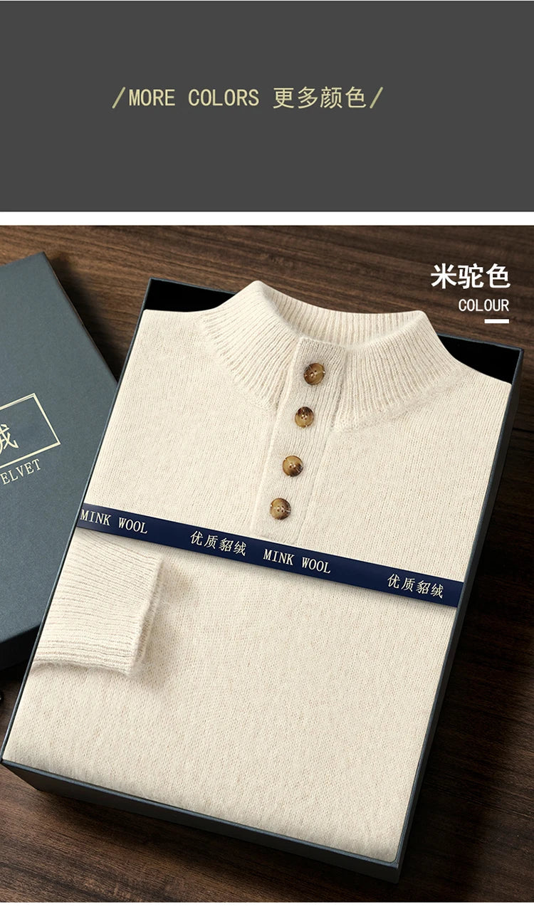 Men's Thicken 100%Pure Mink Cashmere Sweater Youth Button Semi-High Neck Loose Knit Pullovers Autumn and Winter Warm Base Shirt
