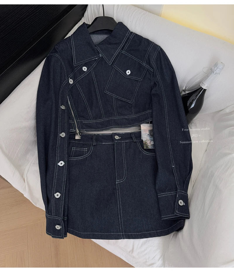 Vintage Wash Denim 2 Piece Sets Women Long Sleeve Crop Top Zipper Jacket and A-Line Mini Skirts Suits Streetwear Jeans Outfits