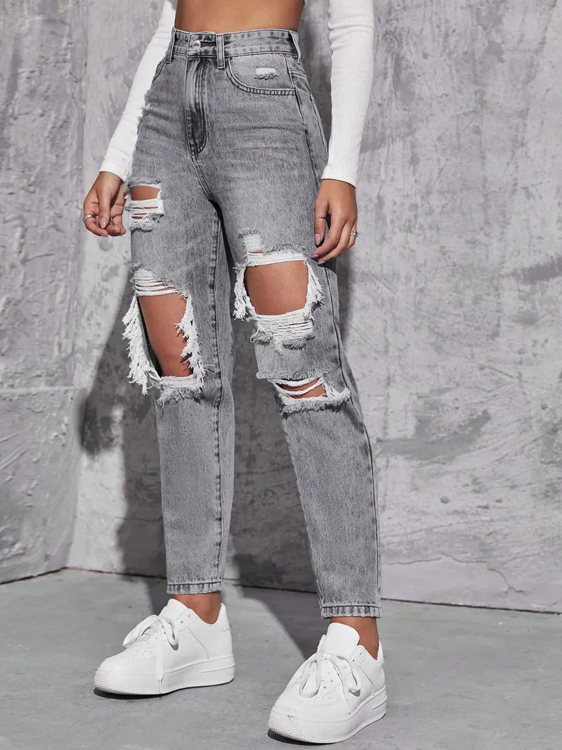 Women's High Waist Ripped Denim Jeans with Distressed Knee Holes and Straight Leg Fit for Casual Streetwear Fashion