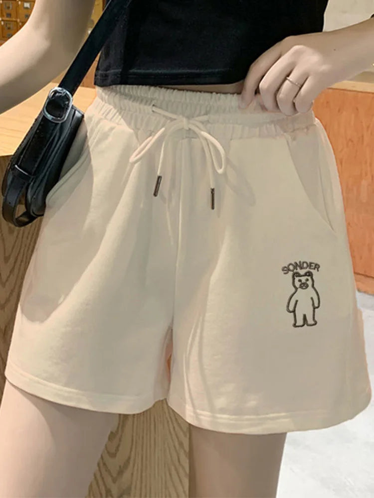 Drawstring Loose Soild Short Pant For Women Clothes Patchwork Fashion Ropa Mujer Streetwear Elasticity High Waist Casual Shorts