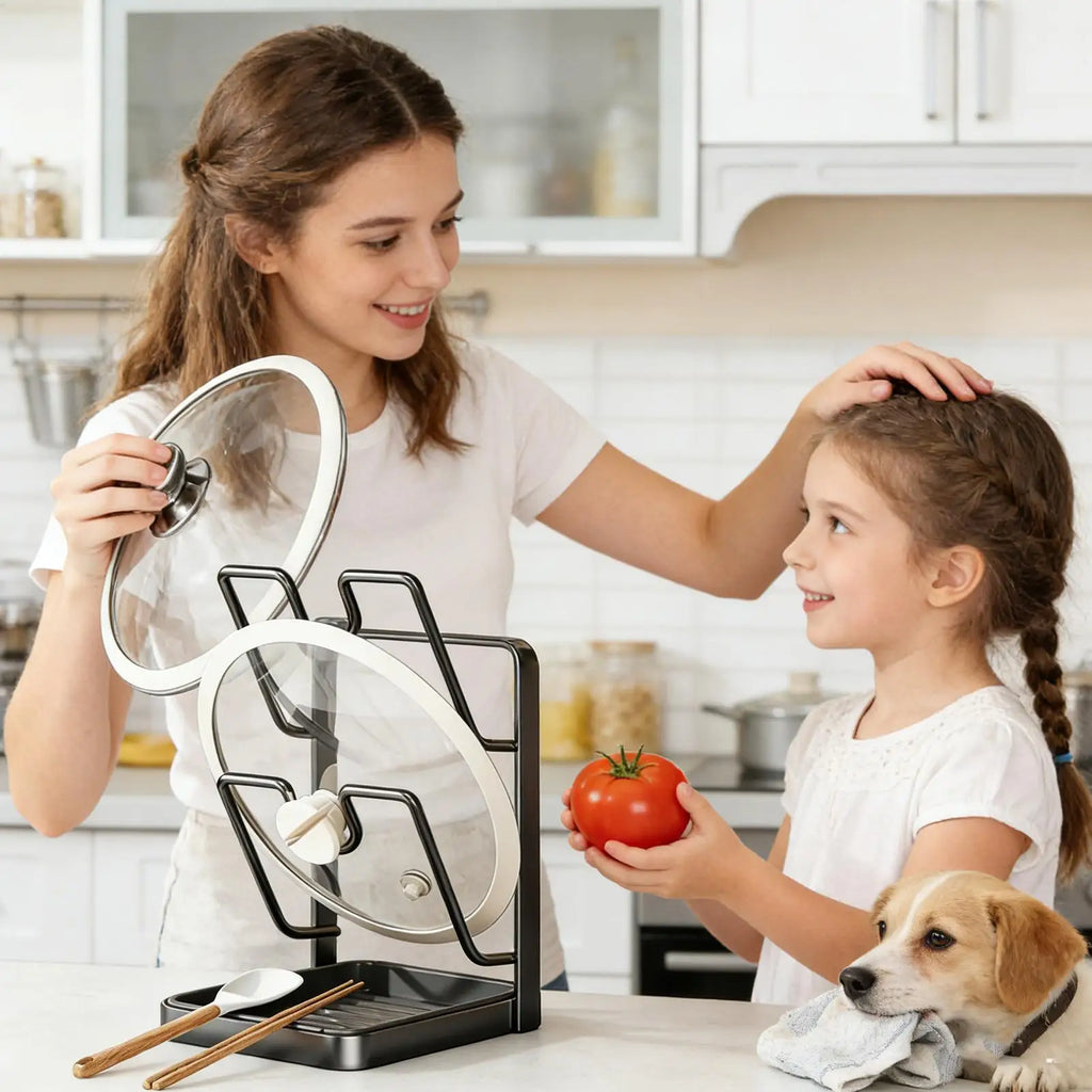 Kitchen Pot Lid Rack No Drill Pot Lid Organizer Kitchen Space Saving Countertop Organizer Rack with Drainage Tray Storage Rack