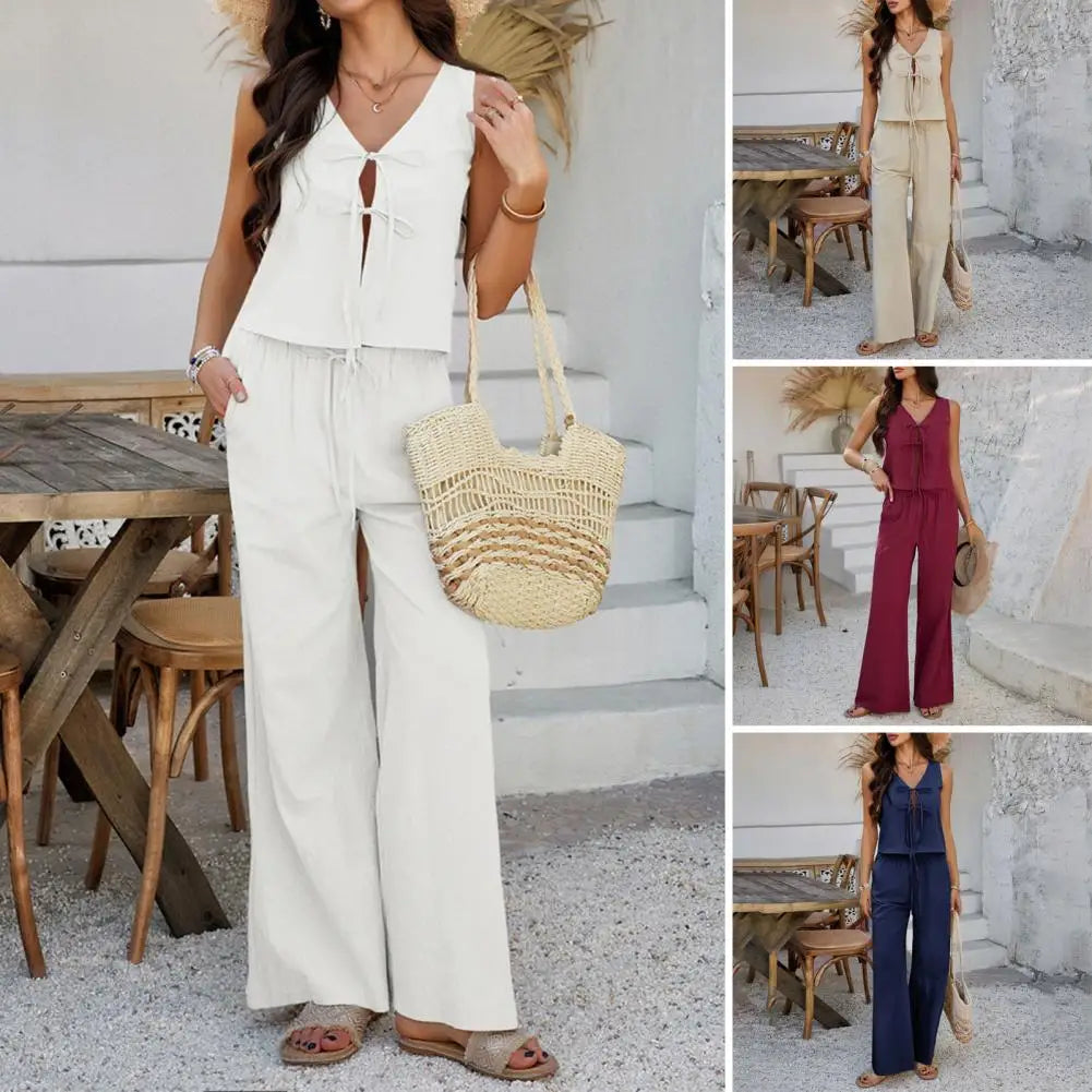 Women's Summer Comfortable Casual Simple Solid Color Two-piece Set Fashion Sleeveless V-neck Strap Short Top Wide-leg Pants Sets