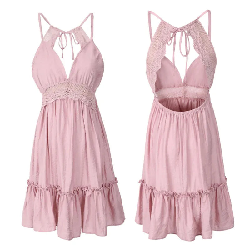 New Women Party Lace Flower Backless Mini Dress Summer Sexy Sling Spaghetti straps Deep V Neck Wedding Club Vestidos