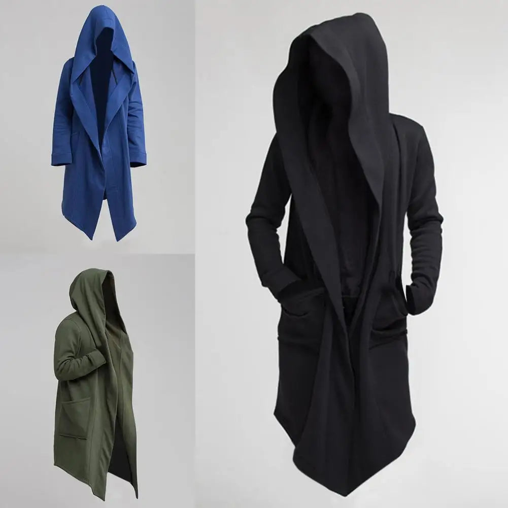 Oversize Men Coat Long Turn-down Collar Big Hat Cardigan Trench Coat Hooded Oblique Hem Big Pockets Men Windbreaker Outwear