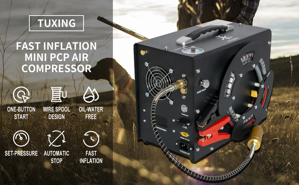 TUXING TXES062 4500Psi Portable PCP Air Compressor 300Bar High Pressure Auto-stop Compressor with 12v car power supply for Rifle