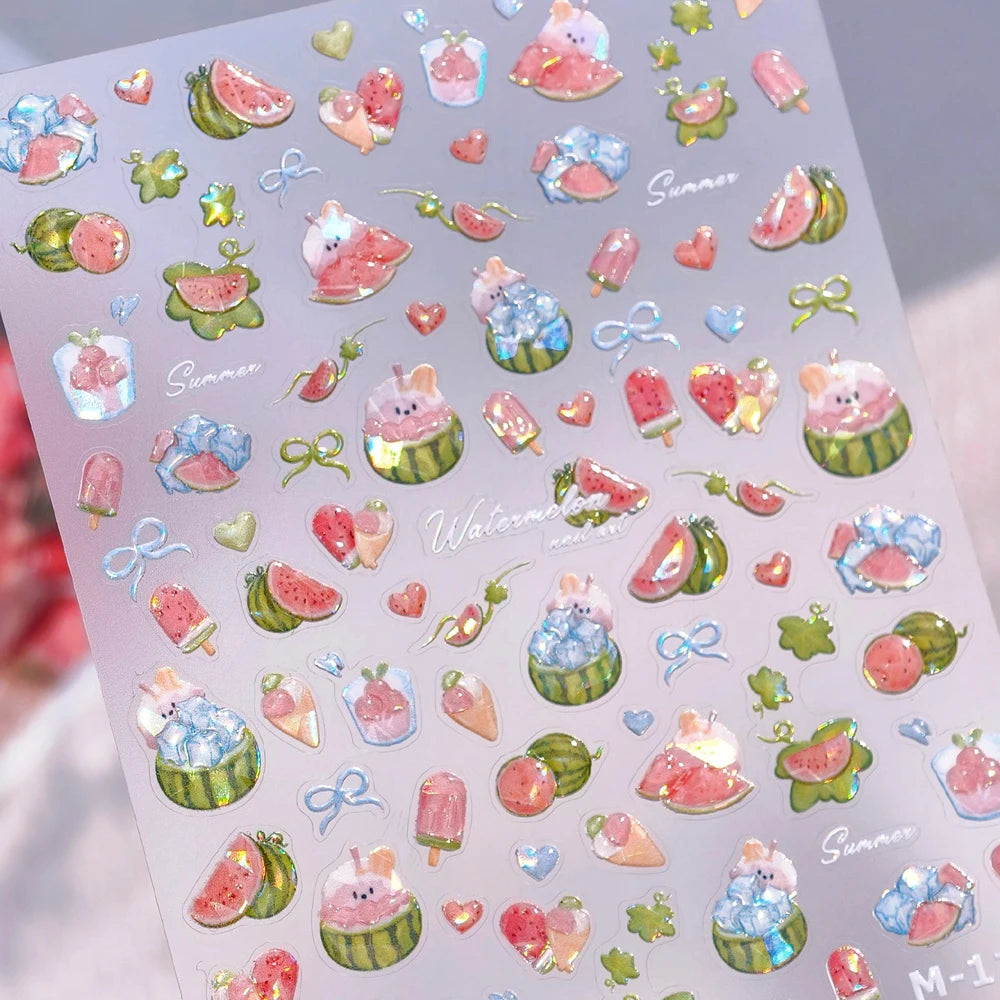Sweet Summer Delicious Watermelon Ice Cream 5D Nail Art Sticker Elegant Bowknot Cool Ice Square Jelly Nail Decals for Manicure