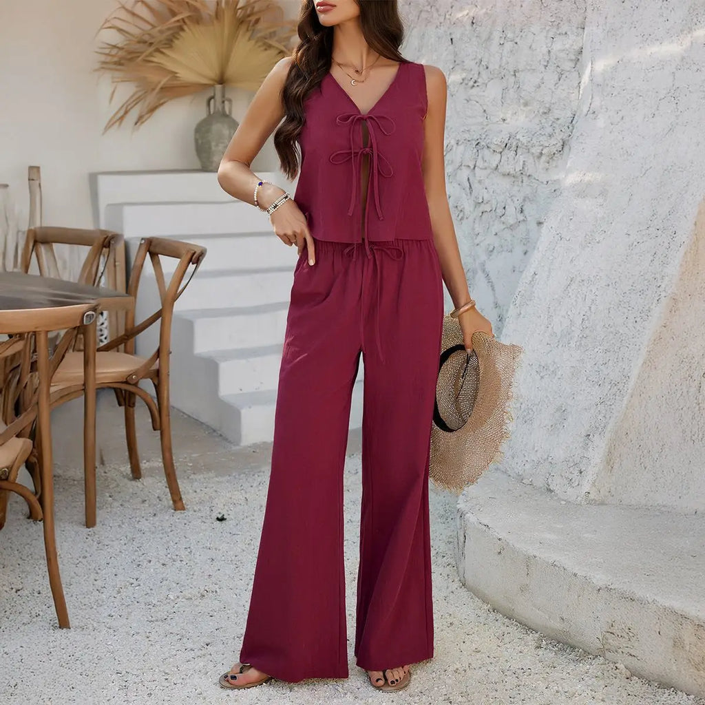 2026 New Women Two Peice Set Spring Summer Women Set Leisure Vacation Solid Color Sleeveless Lace-Up Top Wide-Leg Long Pants Set