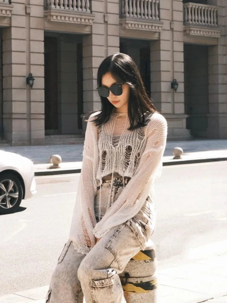 Sexy White Slash Neck Grunge Knitted Women's Sweater Hole Ripped Pullover Crop Top Harajuku Hollow Out Fashion Summer Jumpers