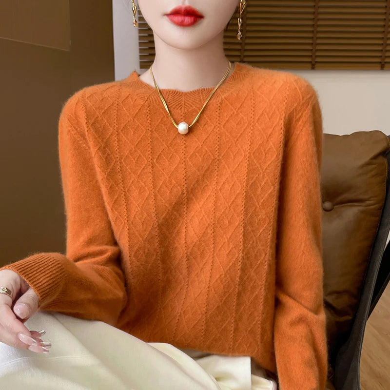 Fall/Winter 2024 New Women's Sweater 100% Pure Wool Lotus Collar Solid Color Loose Knitted Cashmere Pullover