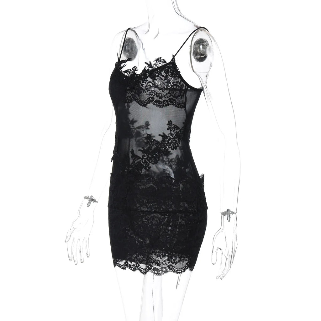 FDYOUI Spaghetti Strap See-through Mesh Dress Women Sleeveless Lace Patchwork Mini Party Dresses White Black Night Club Outfit