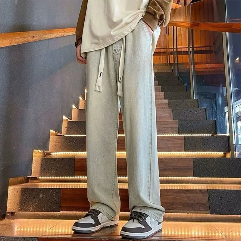Black Vintage Men Jeans Spring Trend Straight Elastic Waist Wide Leg Denim Pants Male Daily High Street Comfortable Trousers