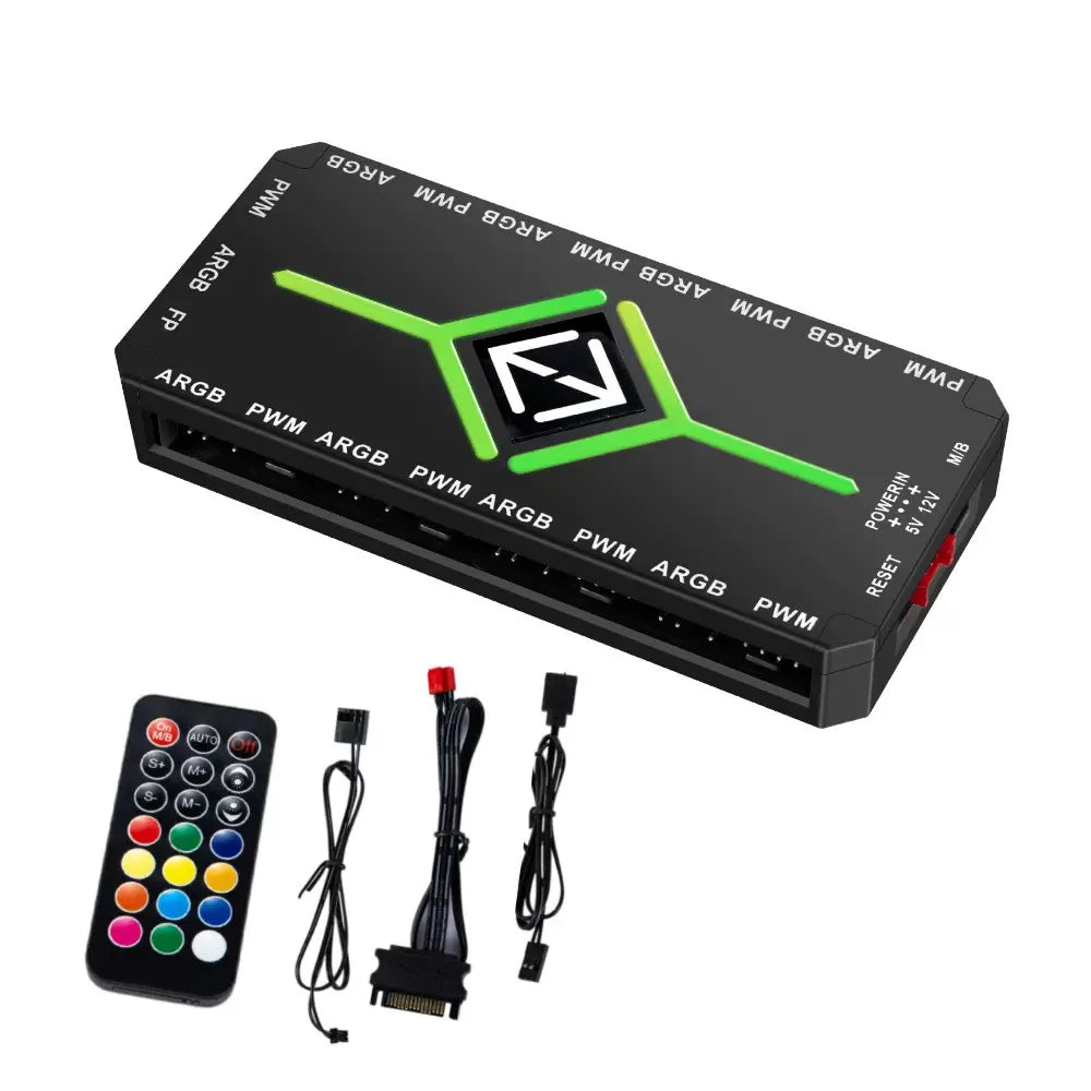 ICE Whale K9 1 to 9 PWM&ARGB Case Fan Hub SATA Power Interface Splitter 4Pin PWM 3Pin Addressable ARGB With Remote Control