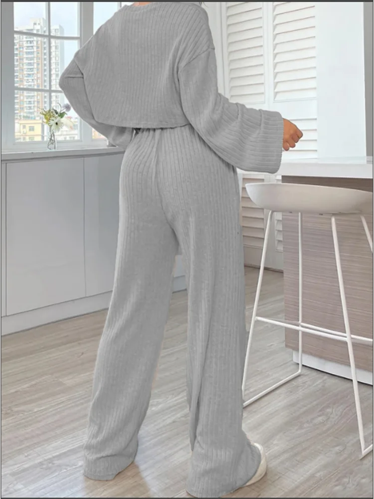 Casual Grey Long Sleeve Round Neck Suit Women's Solid Color Loose Top Trousers Autumn Sports Fashion 2 Piece Sets Women Outfit