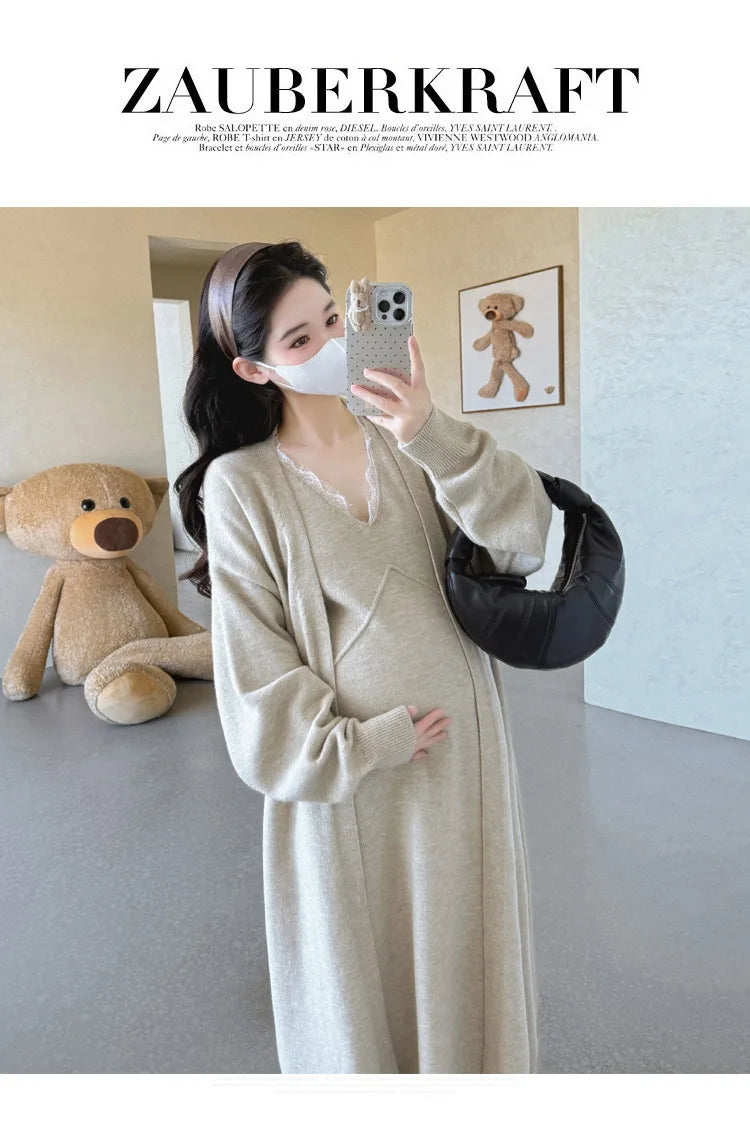 Maternity Suit  Autumn High-End Lazy Style Versatile Long Coat And Lace Paneled V Neck Straight Tank Dress Two Piece Set